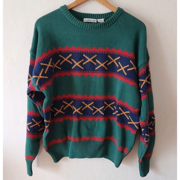 NOS VTG Claiborne Grandpa Sweater Large Crewneck Geometric Geen L Cotton 80s 90s - Picture 1 of 8
